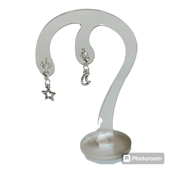 925 sterling silver plated small ball stud moon and star earrings tiny - Picture 2 of 5